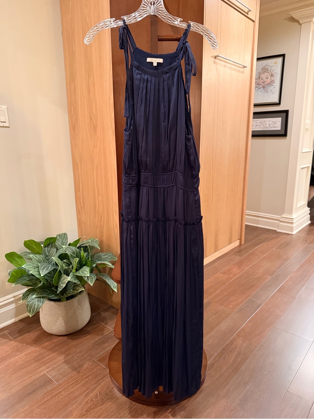 Skies Are Blue Navy Tie-Shoulder Pleated Maxi Dress